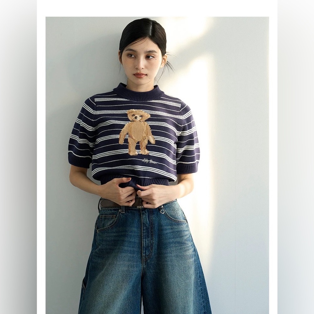Lily brown Striped Navy Tee with Teddy Bear Motif